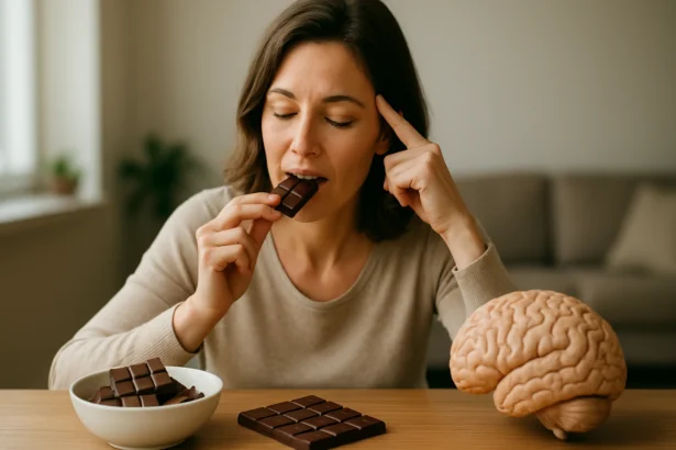 Žena si vychutnáva tmavú čokoládu pri mozgu, symbolizujúcom zdravie a mentálnu aktivitu.