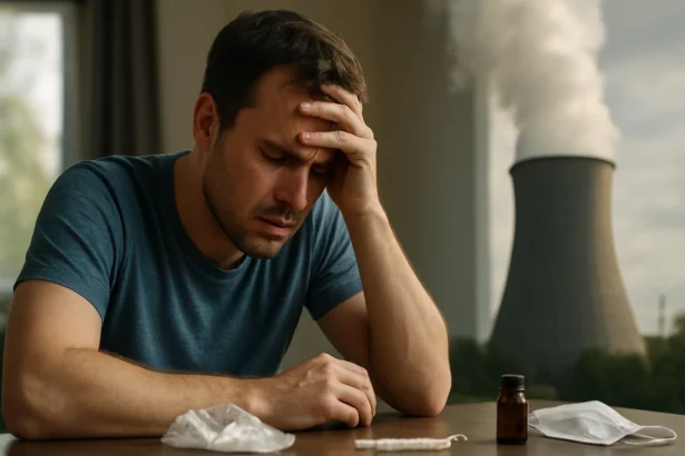 Muž trpiaci úzkosťou s nervovým jedom a emisnými zariadeniami v pozadí.