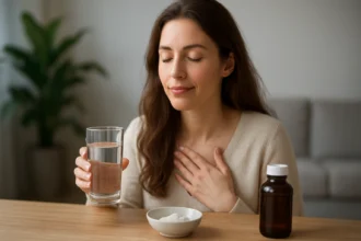 Žena s pohárom vody, ukazujúc zdravý životný štýl a pohodu