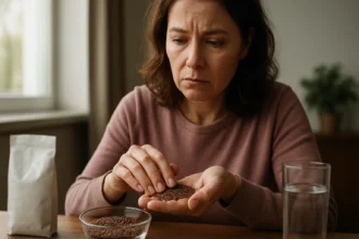 Žena skúma ľanové semienka a premýšľa o ich výhodách a rizikách.