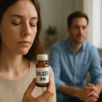 Žena hľadí na fľašu Silicea D12, symbol prirodzeného zdravia.