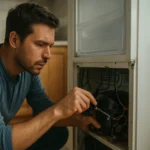 Muž kontroluje kompresor chladničky s nástrojom.