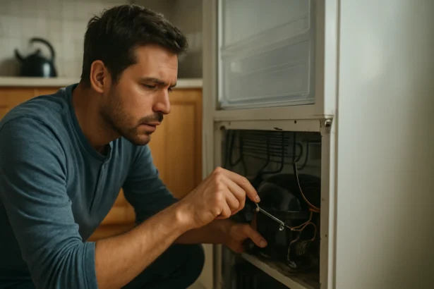 Muž kontroluje kompresor chladničky s nástrojom.