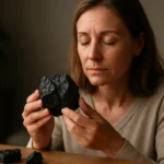 Žena s šungitovým kameňom v ruke, meditujúca o jeho liečebných účinkoch.