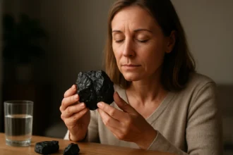 Žena s šungitovým kameňom v ruke, meditujúca o jeho liečebných účinkoch.