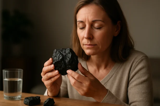 Žena s šungitovým kameňom v ruke, meditujúca o jeho liečebných účinkoch.
