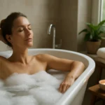 Žena relaxuje v penovom kúpeli s osvetlenou sviečkou