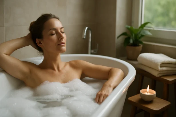 Žena relaxuje v penovom kúpeli s osvetlenou sviečkou