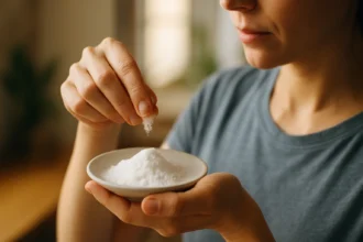 Žena sypúca glycín do misky na podporu zdravia