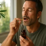 Muž užíva extrakt z olivových listov pre zdravie a vitalitu.