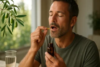 Muž užíva extrakt z olivových listov pre zdravie a vitalitu.