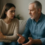 Diskusia medzi ženou a starším mužom o vzťahu s vekovým rozdielom.