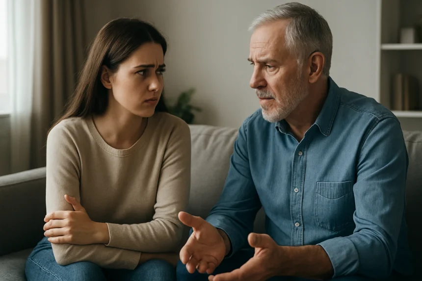 Diskusia medzi ženou a starším mužom o vzťahu s vekovým rozdielom.
