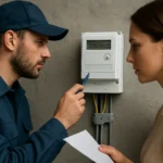 Muži a žena pri odčítaní digitálneho elektromera v domácnosti