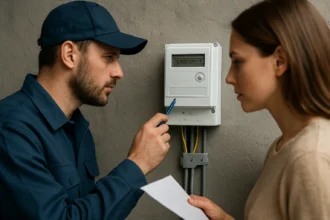 Muži a žena pri odčítaní digitálneho elektromera v domácnosti