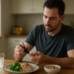 Muž kontroluje hladinu cukru v krvi počas jedia.