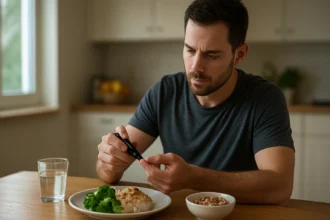Muž kontroluje hladinu cukru v krvi počas jedia.