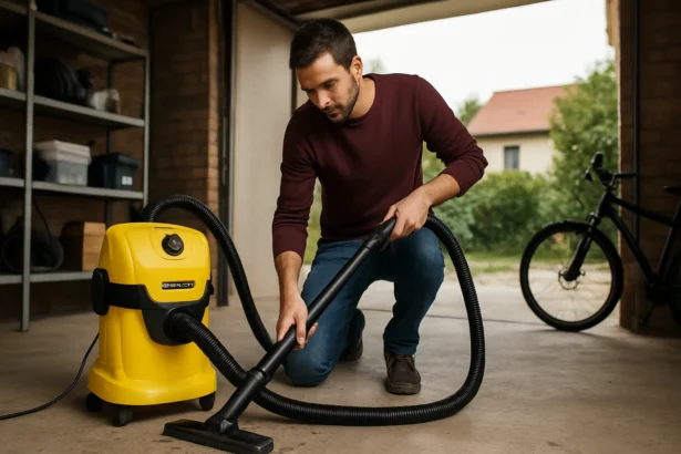 Muž používa vysávač Kärcher WD 3 v garáži