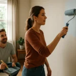 Pár maľuje stenu v obývačke s bežiacou farbou.