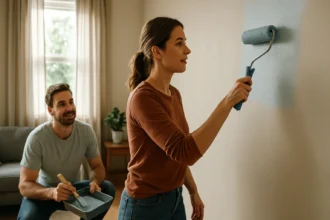 Pár maľuje stenu v obývačke s bežiacou farbou.