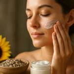 Žena nanášajúca pleťovú masku na tvár so slnečnicovými semienkami a kvetom slnečnice