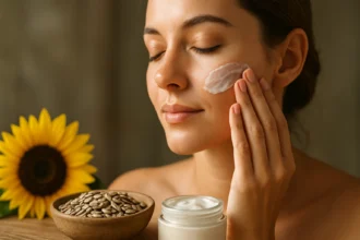 Žena nanášajúca pleťovú masku na tvár so slnečnicovými semienkami a kvetom slnečnice