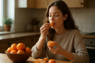 Žena si vychutnáva mandarínky v kuchyni.