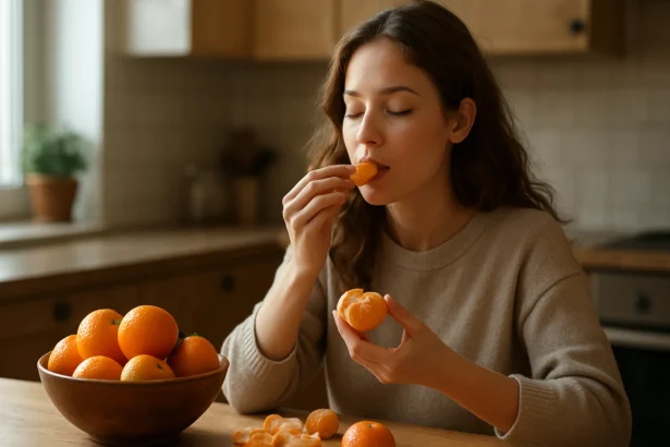 Žena si vychutnáva mandarínky v kuchyni.