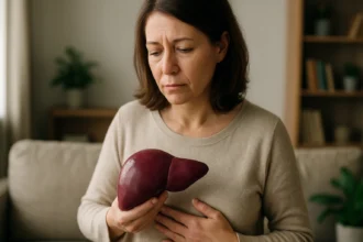 Žena drží model sleziny, zamyslená nad zdravím a imunitou.