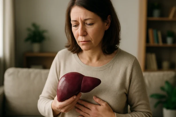 Žena drží model sleziny, zamyslená nad zdravím a imunitou.