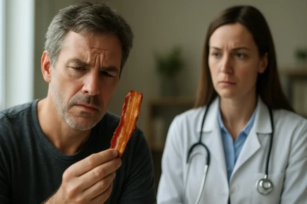 Muž s plnovousom skúma slaninu v prítomnosti lekárky.