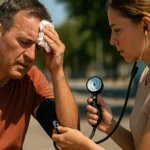 Muž trpiaci horúčavami meria krvný tlak s odborníkom.