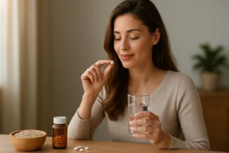 Žena s ovsenými otrubami v tabletkách a pohárom vody