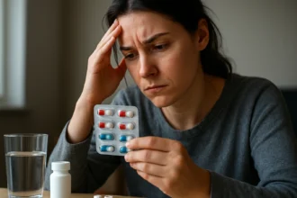 Žena s prehnaným užívaním antibiotík a zamýšľajúca nad ich účinkom.