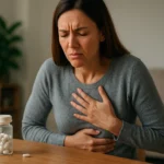 Žena so žalúdočnými problémami a tabletky na stole