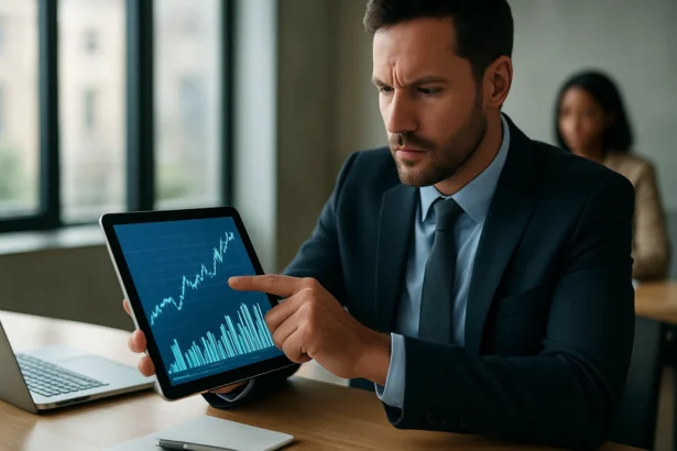 Muž v obleku analyzuje finančné grafy na tablete v kancelárii.
