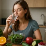 Žena sa hydratuje pohárom vody s čerstvou zeleninou a ovocím okolo.