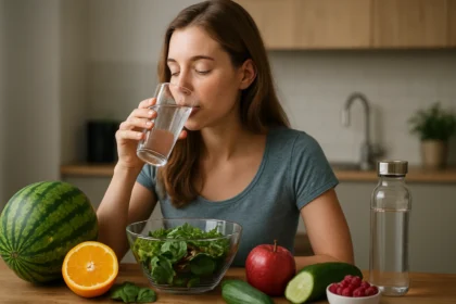 Žena sa hydratuje pohárom vody s čerstvou zeleninou a ovocím okolo.