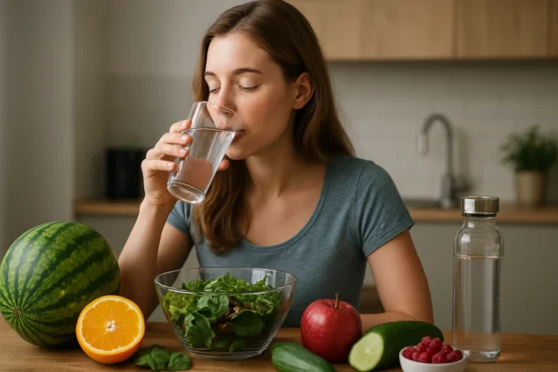 Žena sa hydratuje pohárom vody s čerstvou zeleninou a ovocím okolo.