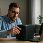 Muž nastavuje NAS server s notebookom na pracovnom stole.