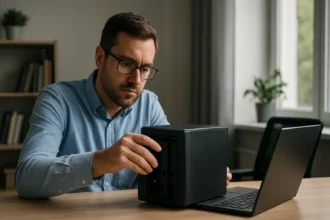 Muž nastavuje NAS server s notebookom na pracovnom stole.