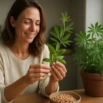 Žena so ženšenom a lupinou, symbolizujúcou zdravie a ekológiu.