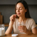 Žena užívajúca hydroxid horečnatý s pohárom vody