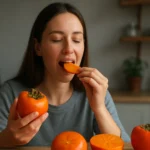 Žena si vychutnáva plody tomelu v kuchyni.