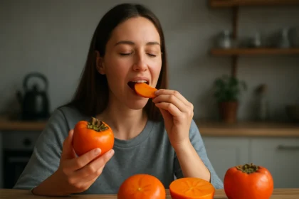 Žena si vychutnáva plody tomelu v kuchyni.