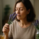 Žena s yzopom, ktorý vonia a pije bylinkový čaj.