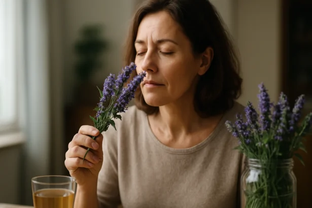 Žena s yzopom, ktorý vonia a pije bylinkový čaj.