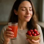 Žena s pohárom aceroly a miskou červenej ovocnej rastliny