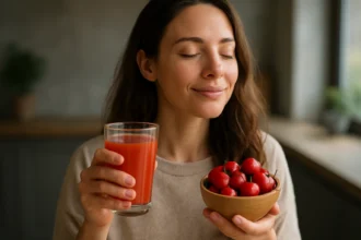 Žena s pohárom aceroly a miskou červenej ovocnej rastliny