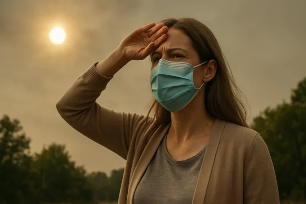 Žena s ochrannou maskou sledujúca slnko a smogové ovzdušie